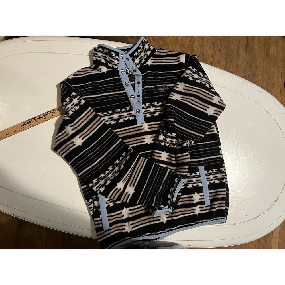 Cinch Ladies‎ Black Aztec Print Striped Polar Fleece Pullover  Sz L
